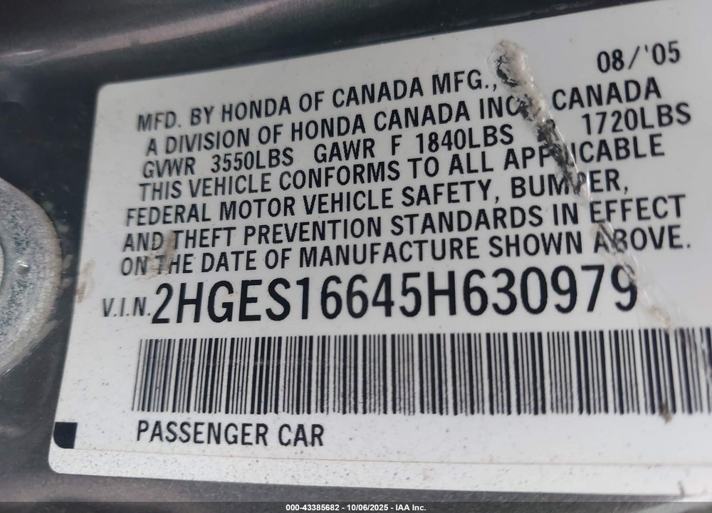2005 HONDA CIVIC LX VIN: 2HGES16645H630979