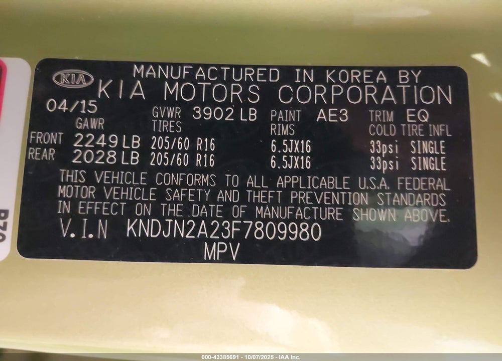 2015 KIA SOUL VIN: KNDJN2A23F7809980