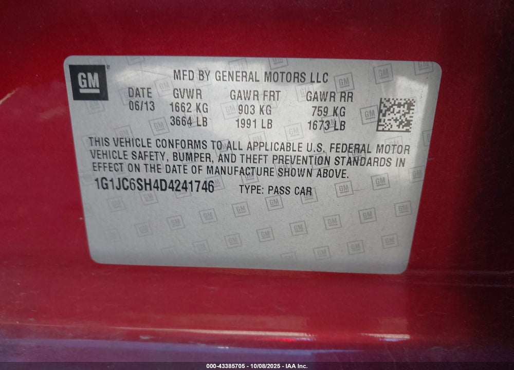 2013 CHEVROLET SONIC LT AUTO VIN: 1G1JC6SH4D4241746