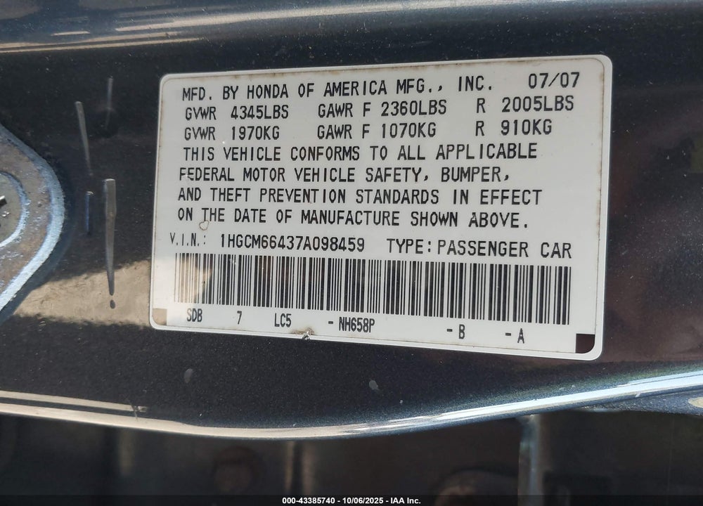 2007 HONDA ACCORD VIN: 1HGCM66437A098459