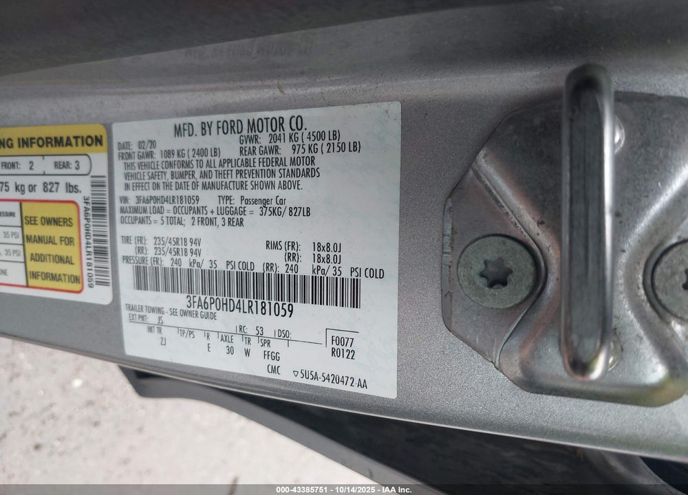 2020 FORD FUSION SE VIN: 3FA6P0HD4LR181059