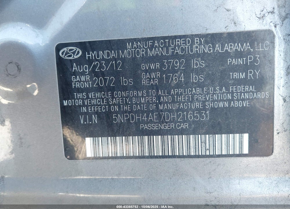 2013 HYUNDAI ELANTRA VIN: 5NPDH4AE7DH216531