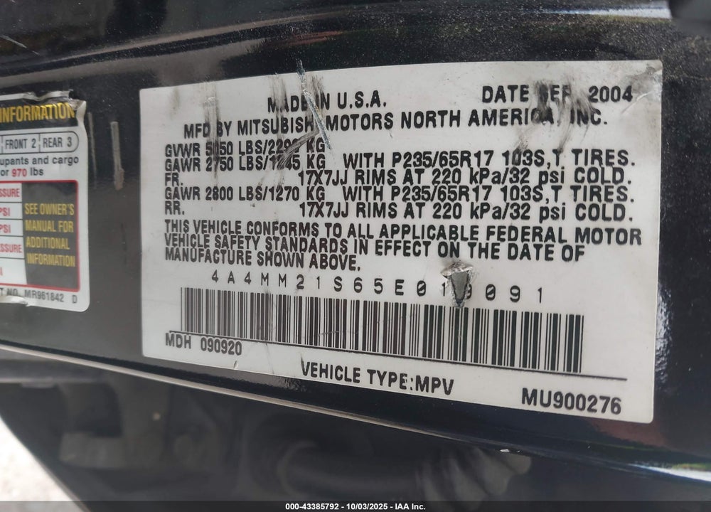2005 MITSUBISHI ENDEAVOR LS VIN: 4A4MM21S65E019091