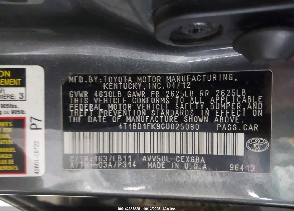 2012 TOYOTA CAMRY HYBRID XLE VIN: 4T1BD1FK9CU025080