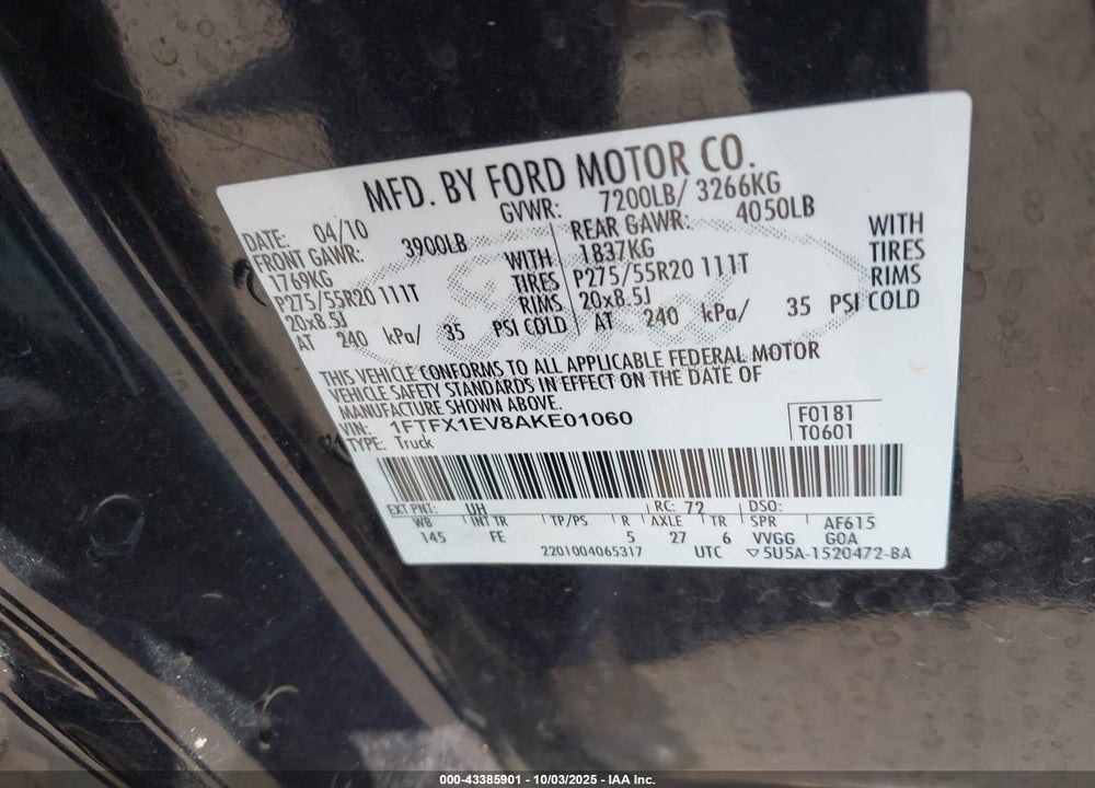 2010 FORD F-150 VIN: 1FTFX1EV8AKE01060