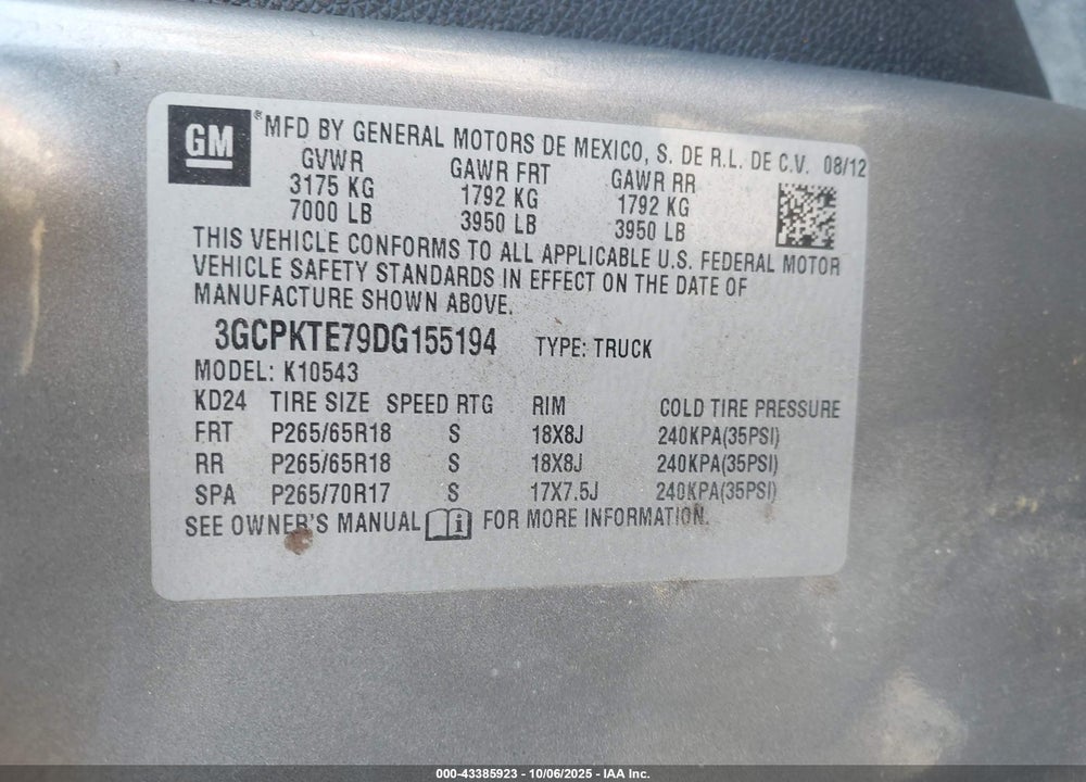 2013 CHEVROLET SILVERADO 1500 VIN: 3GCPKTE79DG155194