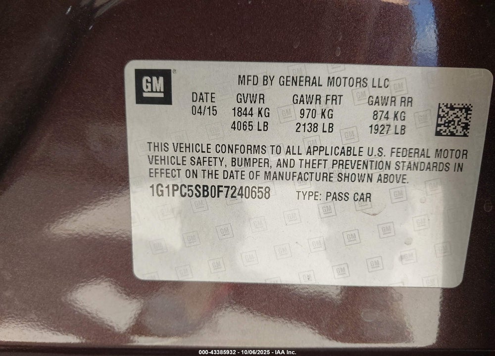 2015 CHEVROLET CRUZE VIN: 1G1PC5SB0F7240658