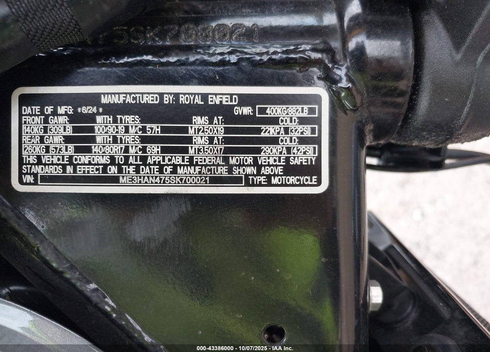 2025 ROYAL ENFIELD MOTORS BEAR 650 VIN: ME3HAN475SK700021