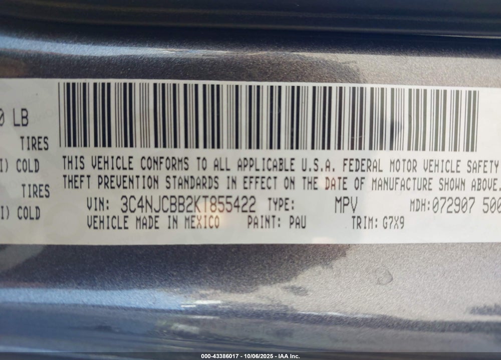 2019 JEEP COMPASS VIN: 3C4NJCBB2KT855422