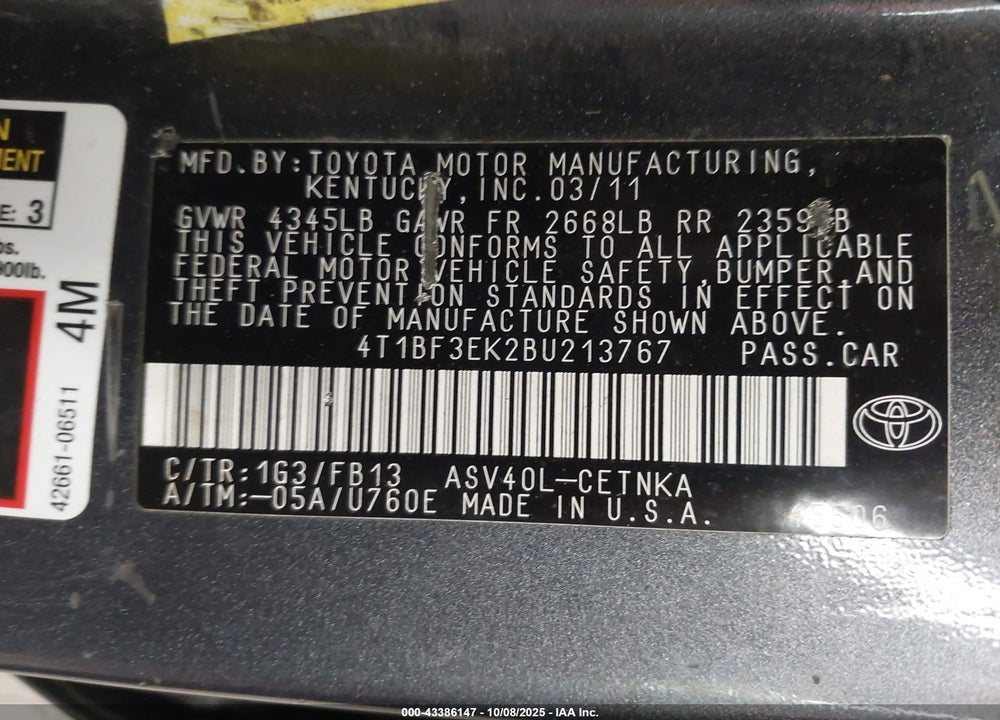 2011 TOYOTA CAMRY VIN: 4T1BF3EK2BU213767