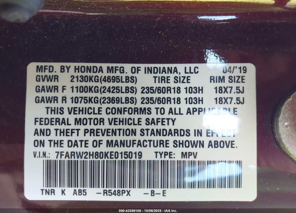 2019 HONDA CR-V EX-L VIN: 7FARW2H80KE015019
