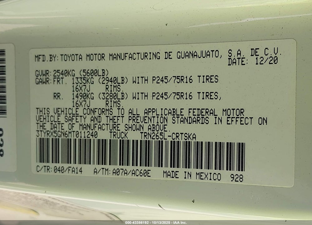 2021 TOYOTA TACOMA SR VIN: 3TYRX5GN6MT011240