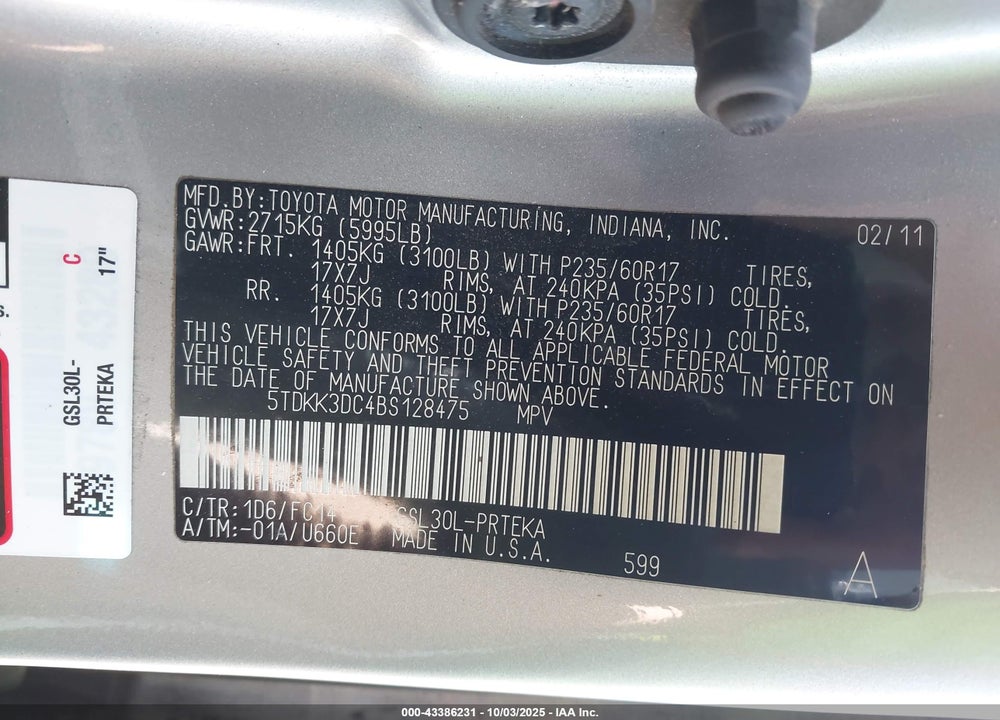 2011 TOYOTA SIENNA LE V6 VIN: 5TDKK3DC4BS128475