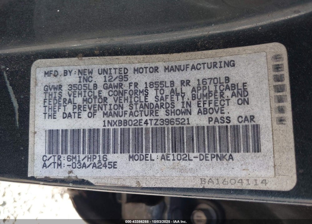 1996 TOYOTA COROLLA DX VIN: 1NXBB02E4TZ396521