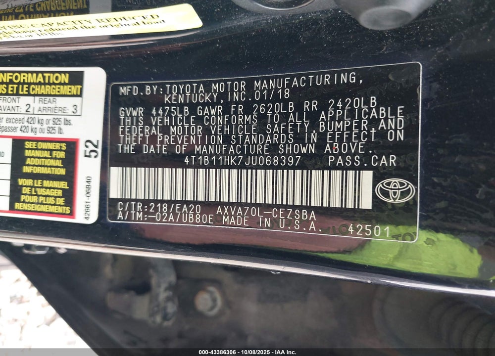 2018 TOYOTA CAMRY SE VIN: 4T1B11HK7JU068397