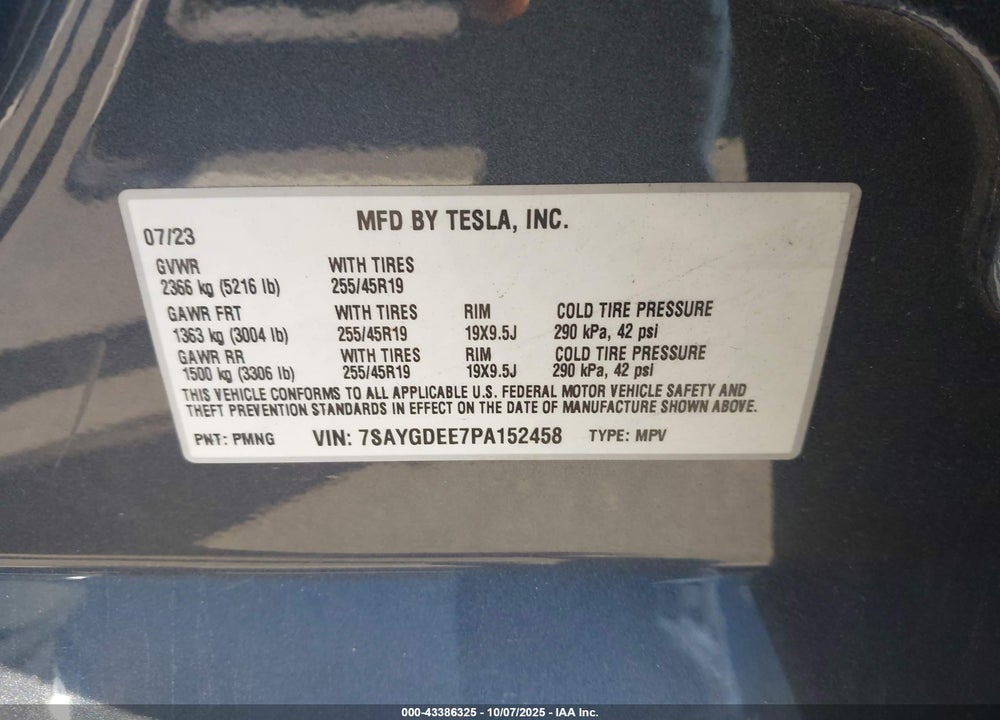 2023 TESLA MODEL Y AWD/LONG RANGE DUAL MOTOR ALL-WHEEL DRIVE VIN: 7SAYGDEE7PA152458