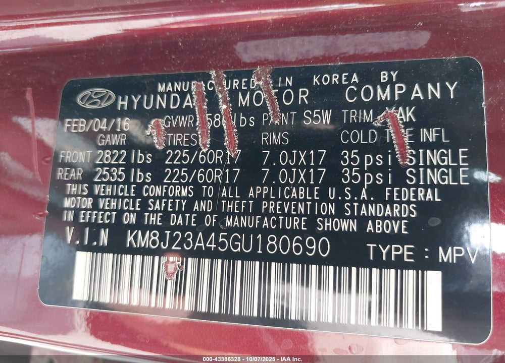 2016 HYUNDAI TUCSON VIN: KM8J23A45GU180690