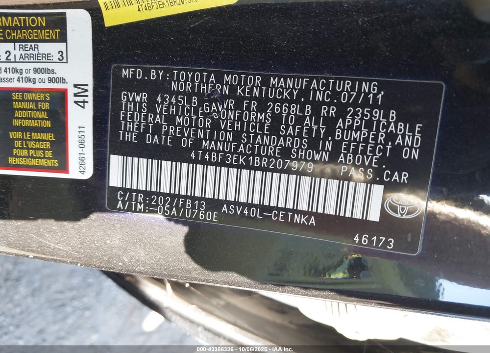 2011 TOYOTA CAMRY VIN: 4T4BF3EK1BR207979