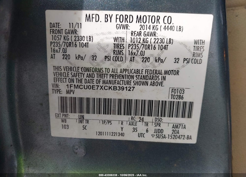 2012 FORD ESCAPE VIN: 1FMCU0E7XCKB39127