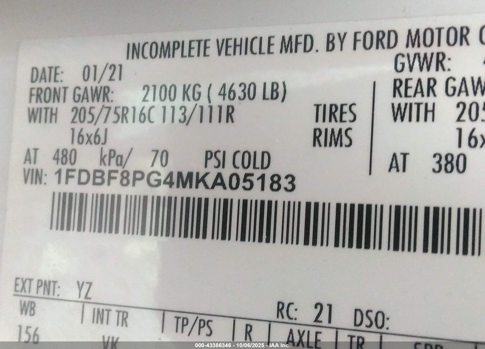 2021 FORD TRANSIT-350 CUTAWAY VIN: 1FDBF8PG4MKA05183