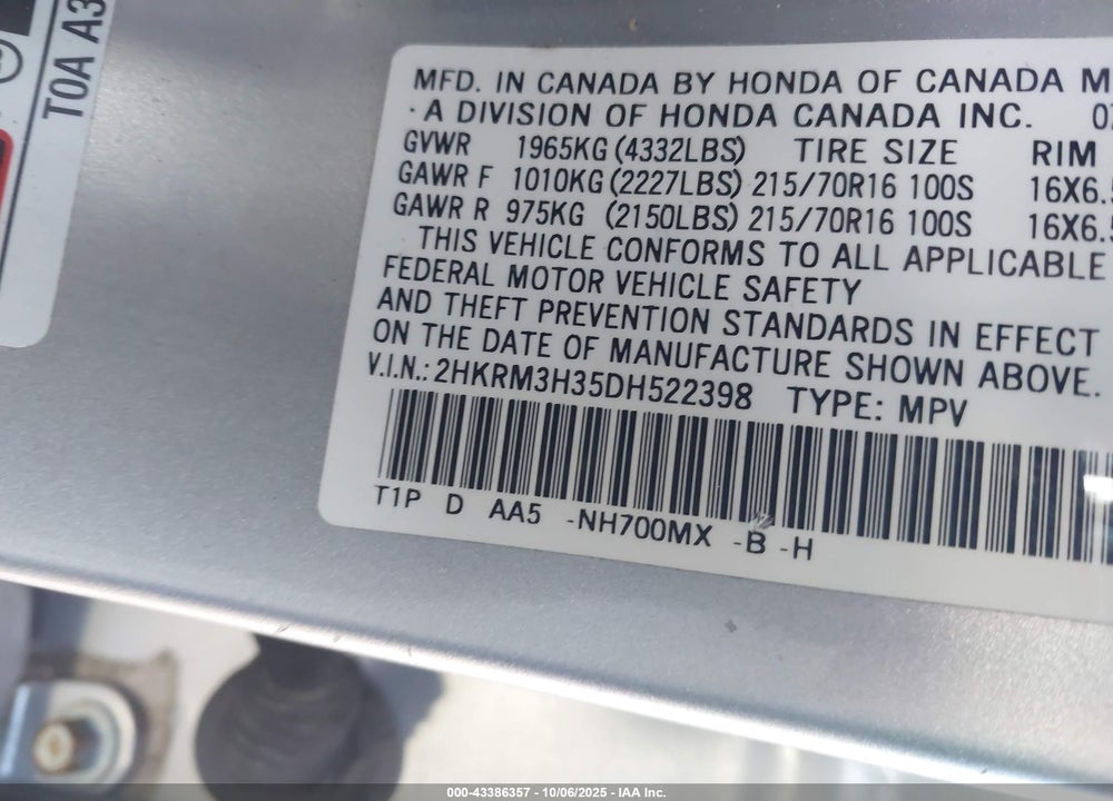 2013 HONDA CR-V LX VIN: 2HKRM3H35DH522398