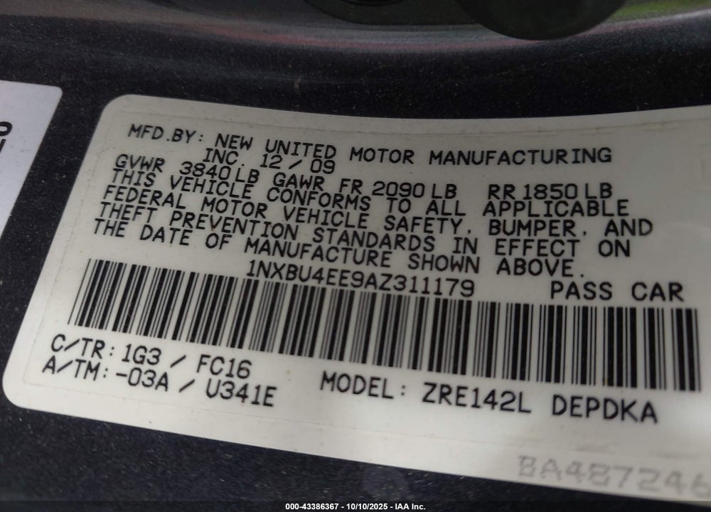 2010 TOYOTA COROLLA LE VIN: 1NXBU4EE9AZ311179