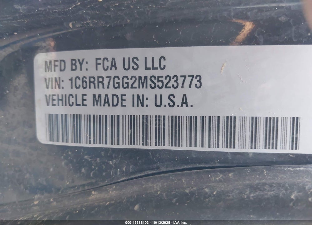 2021 RAM 1500 CLASSIC WARLOCK 4X4 6'4 BOX VIN: 1C6RR7GG2MS523773