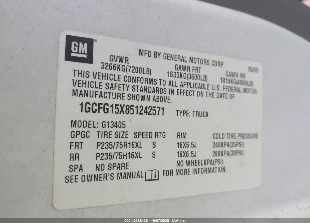 2005 CHEVROLET EXPRESS VIN: 1GCFG15X851242571
