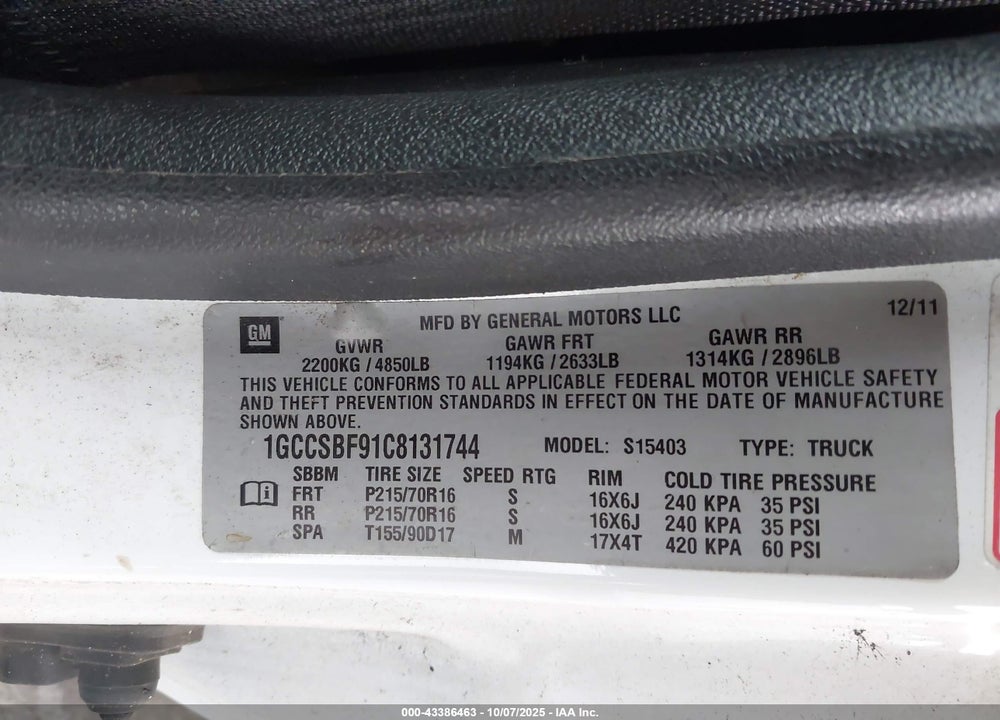 2012 CHEVROLET COLORADO WORK TRUCK VIN: 1GCCSBF91C8131744