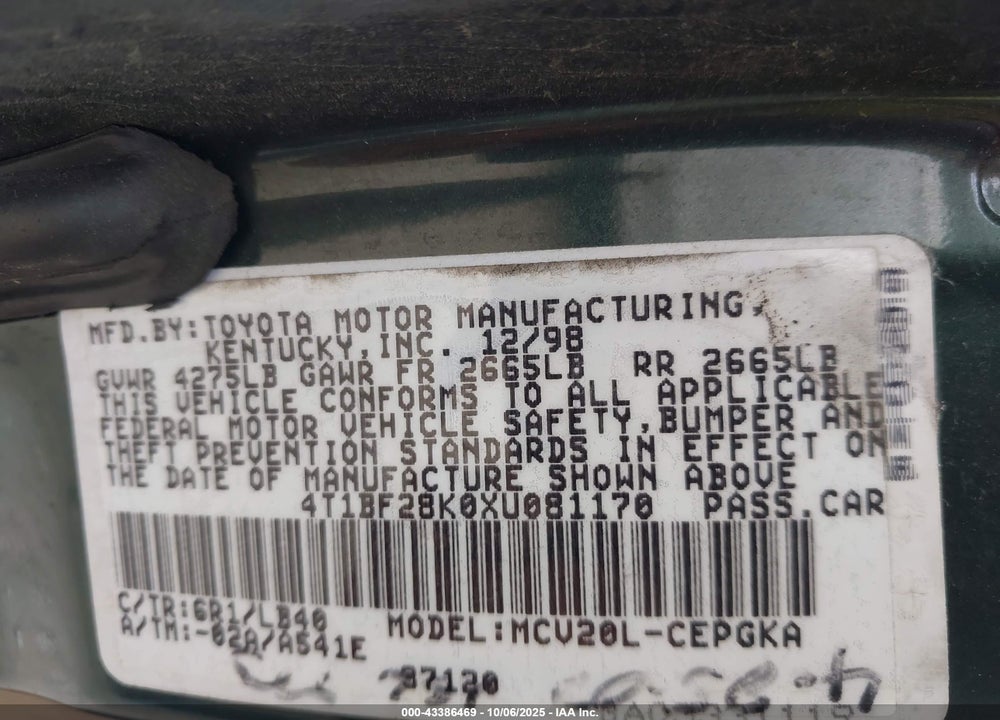 1999 TOYOTA CAMRY XLE V6 VIN: 4T1BF28K0XU081170