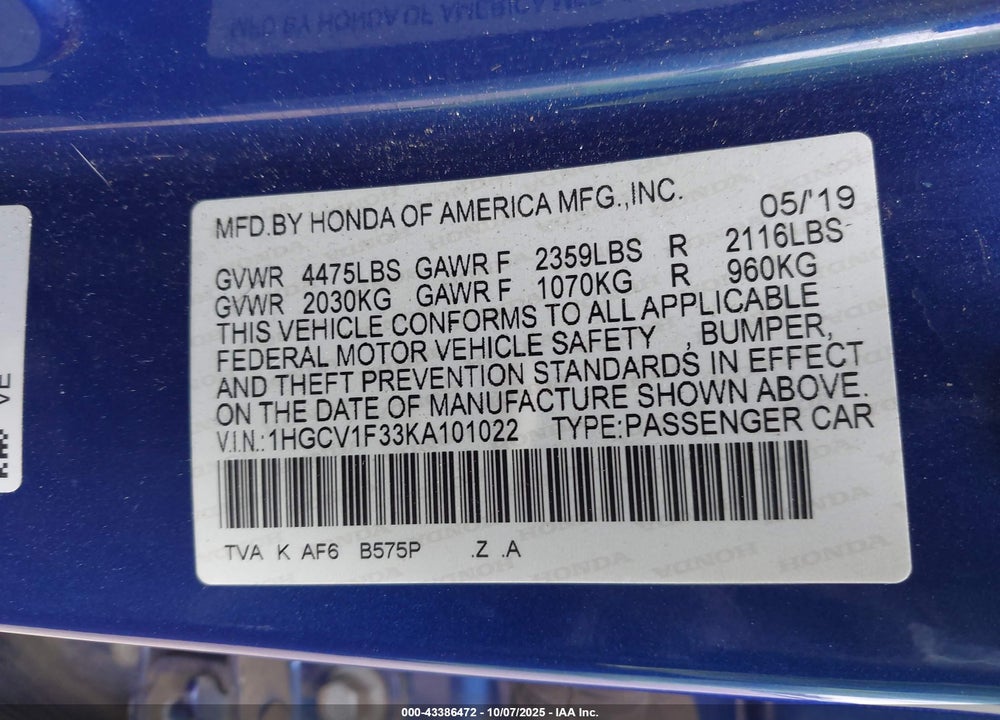 2019 HONDA ACCORD SPORT VIN: 1HGCV1F33KA101022