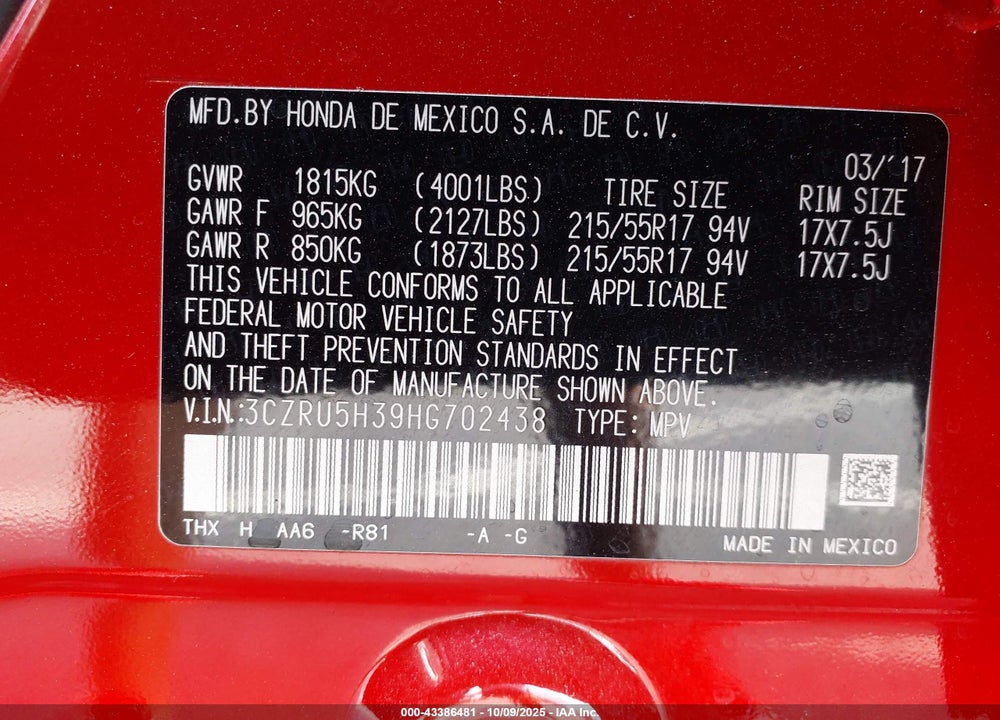 2017 HONDA HR-V LX VIN: 3CZRU5H39HG702438