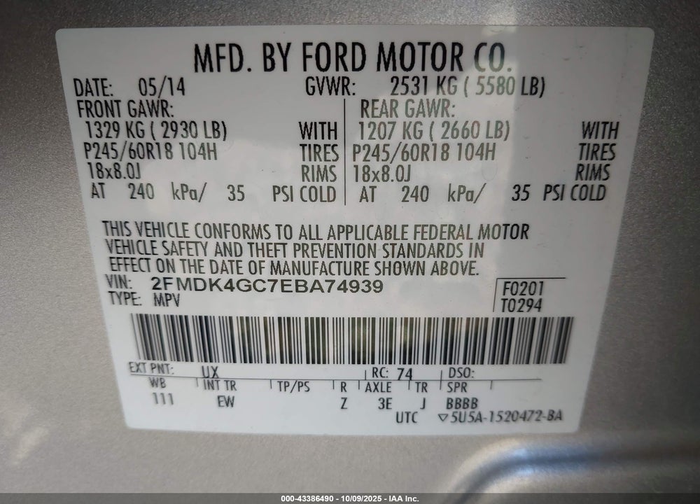 2014 FORD EDGE SE VIN: 2FMDK4GC7EBA74939
