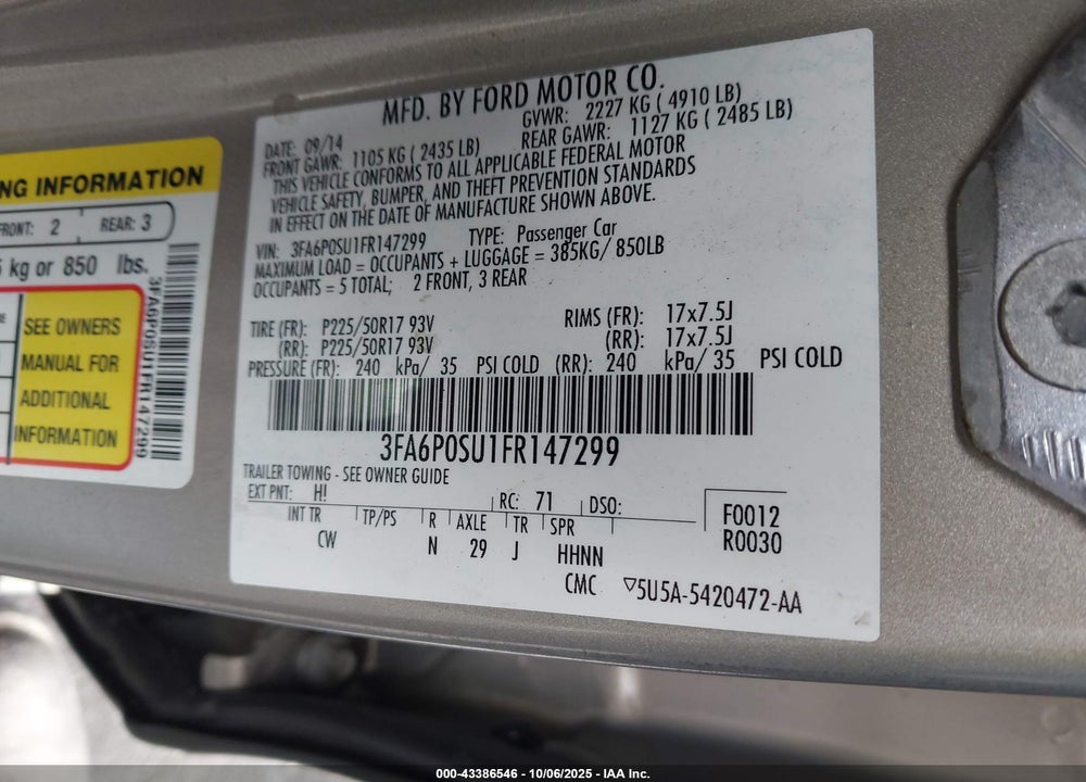 2015 FORD FUSION VIN: 3FA6P0SU1FR147299