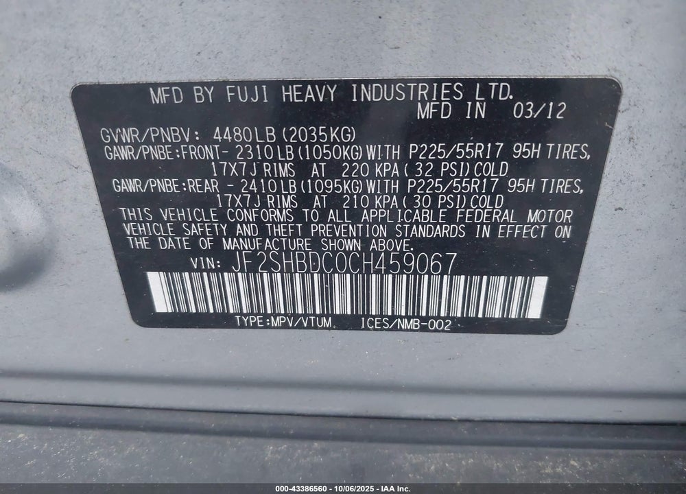 2012 SUBARU FORESTER VIN: JF2SHBDC0CH459067