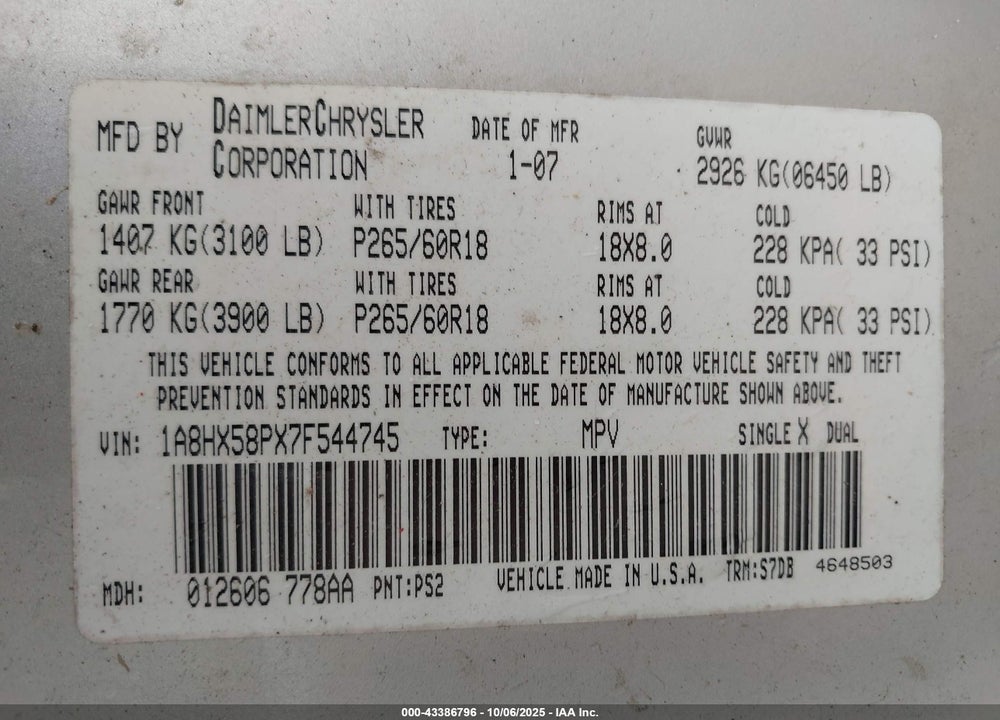 2007 CHRYSLER ASPEN VIN: 1A8HX58PX7F544745