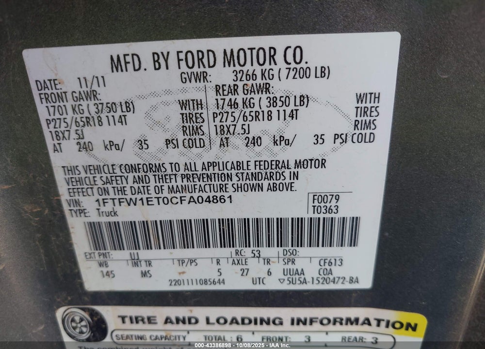 2012 FORD F-150 VIN: 1FTFW1ET0CFA04861