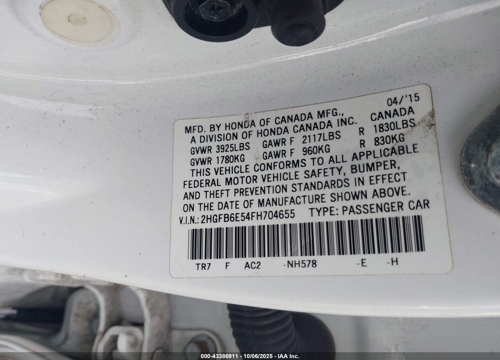 2015 HONDA CIVIC VIN: 2HGFB6E54FH704655
