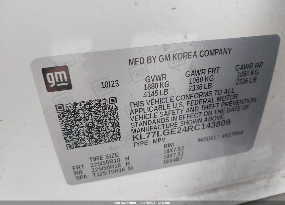 2024 CHEVROLET TRAX FWD 1RS VIN: KL77LGE24RC143809