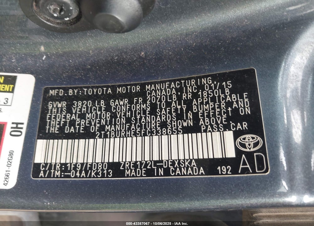 2015 TOYOTA COROLLA S PLUS VIN: 2T1BURHE5FC338655