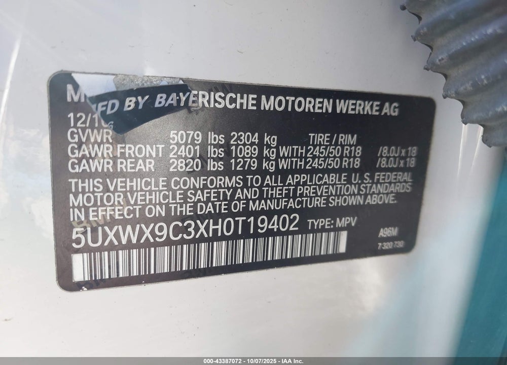 2017 BMW X3 XDRIVE28I VIN: 5UXWX9C3XH0T19402