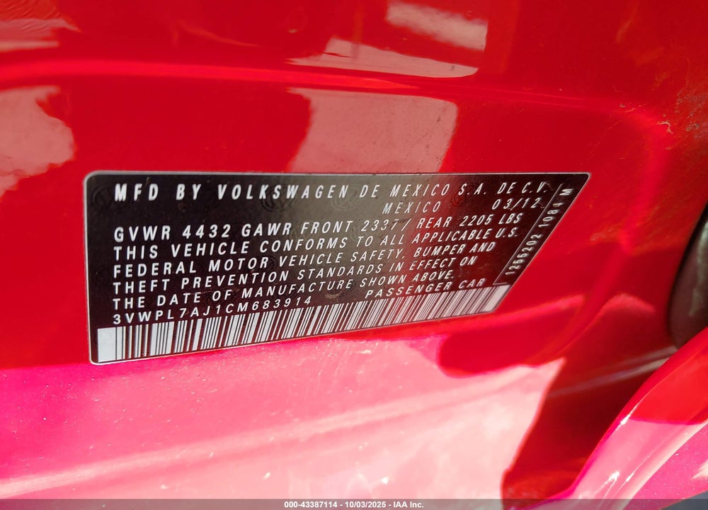 2012 VOLKSWAGEN JETTA VIN: 3VWPL7AJ1CM683914