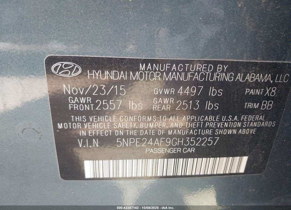2016 HYUNDAI SONATA SE VIN: 5NPE24AF9GH352257