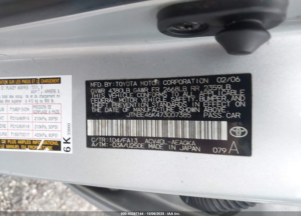 2007 TOYOTA CAMRY VIN: JTNBE46K473007385
