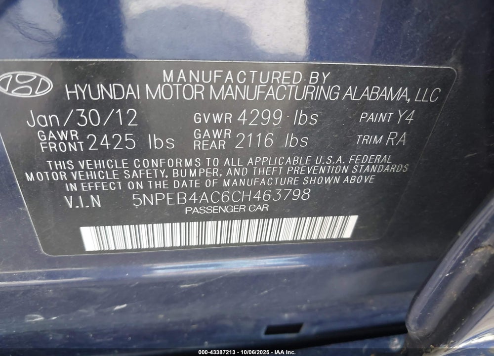 2012 HYUNDAI SONATA VIN: 5NPEB4AC6CH463798