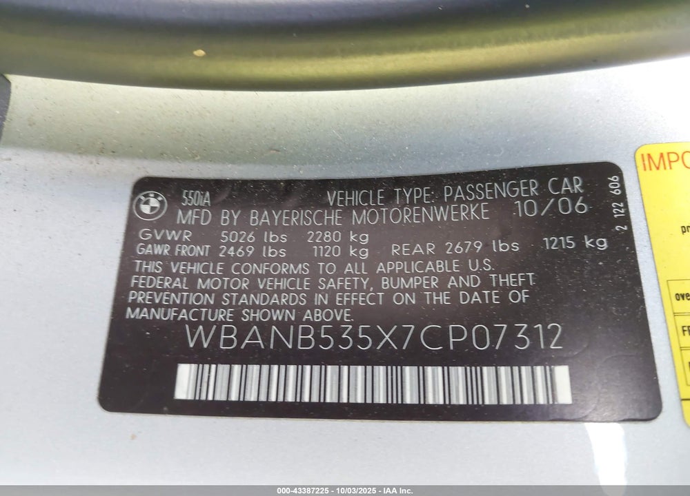 2007 BMW 5 SERIES VIN: WBANB535X7CP07312