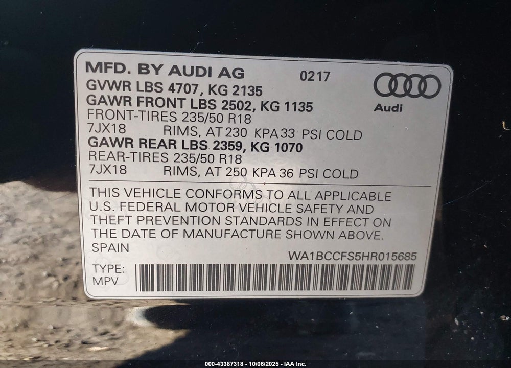 2017 AUDI Q3 VIN: WA1BCCFS5HR015685