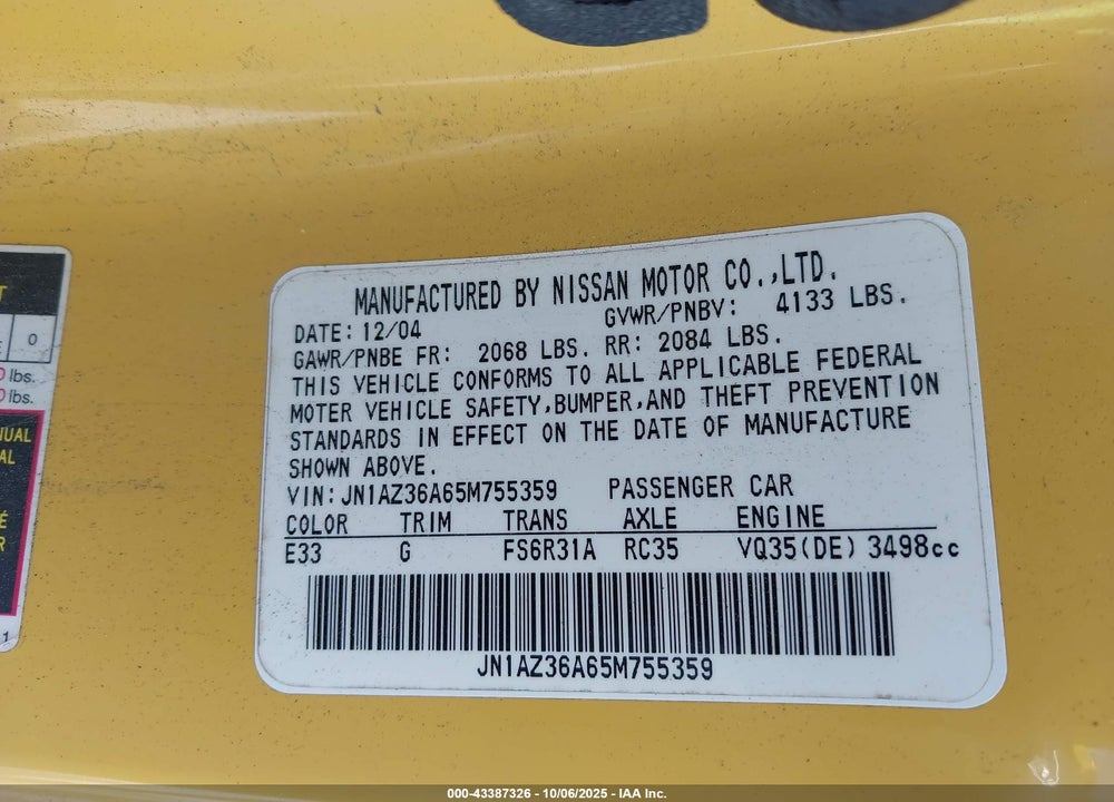 2005 NISSAN 350Z GRAND TOURING VIN: JN1AZ36A65M755359