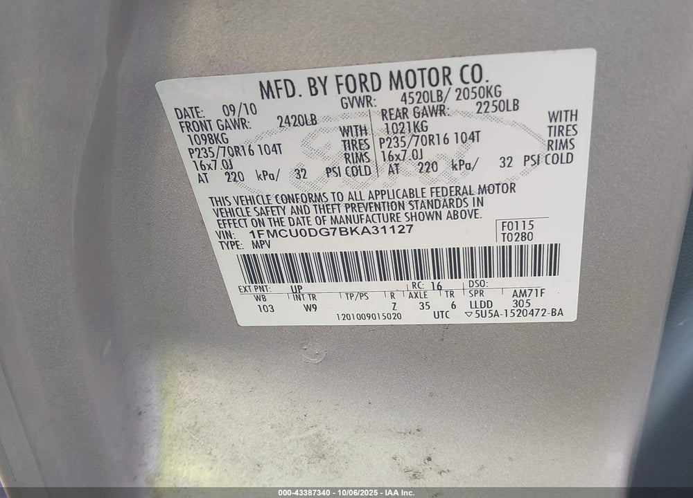 2011 FORD ESCAPE XLT VIN: 1FMCU0DG7BKA31127