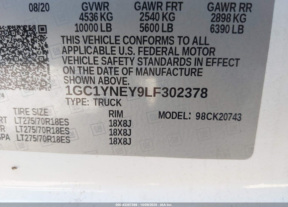 2020 CHEVROLET SILVERADO 2500 VIN: 1GC1YNEY9LF302378